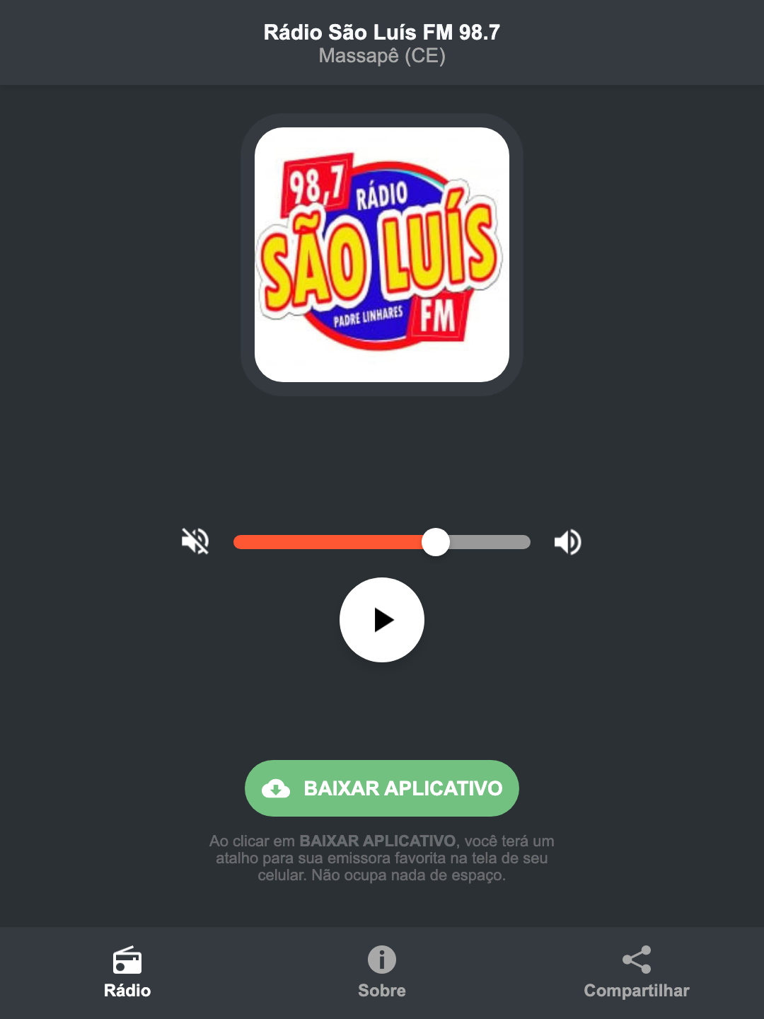 Screenshot do aplicativo da Rádio São Luís FM 98.7