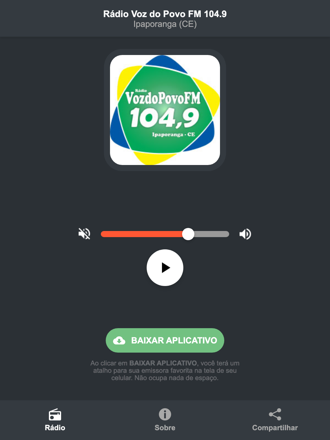 Screenshot do aplicativo da Rádio Voz do Povo FM 104.9