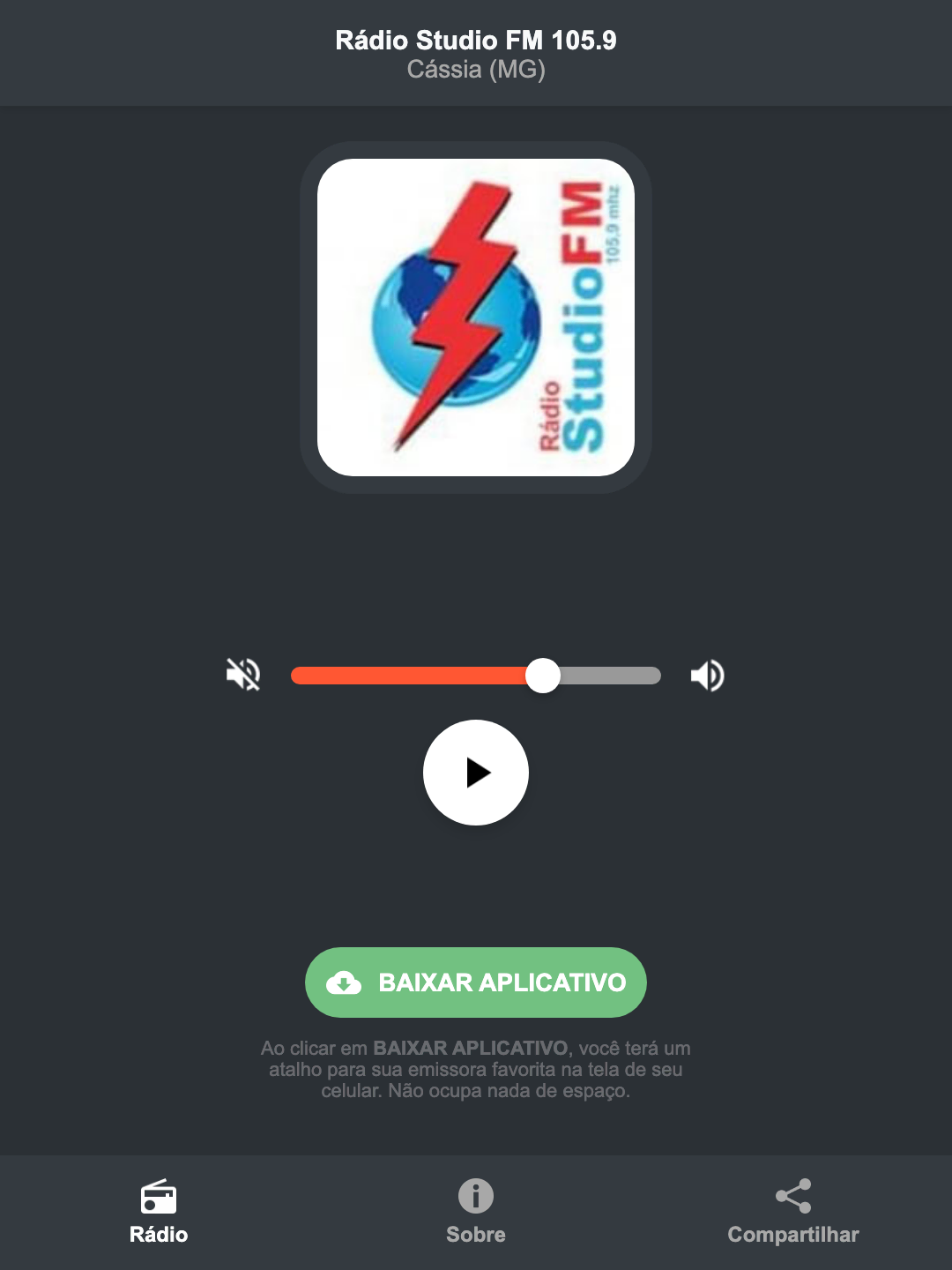 Screenshot do aplicativo da Rádio Studio FM 105.9