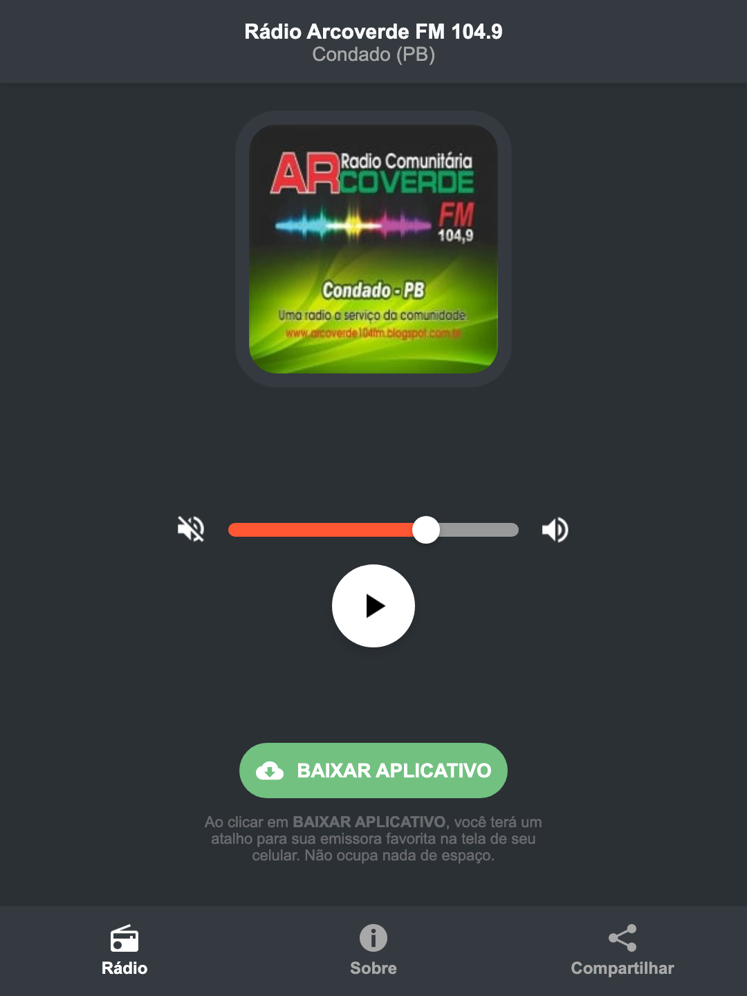 Screenshot do aplicativo da Rádio Arcoverde FM 104.9