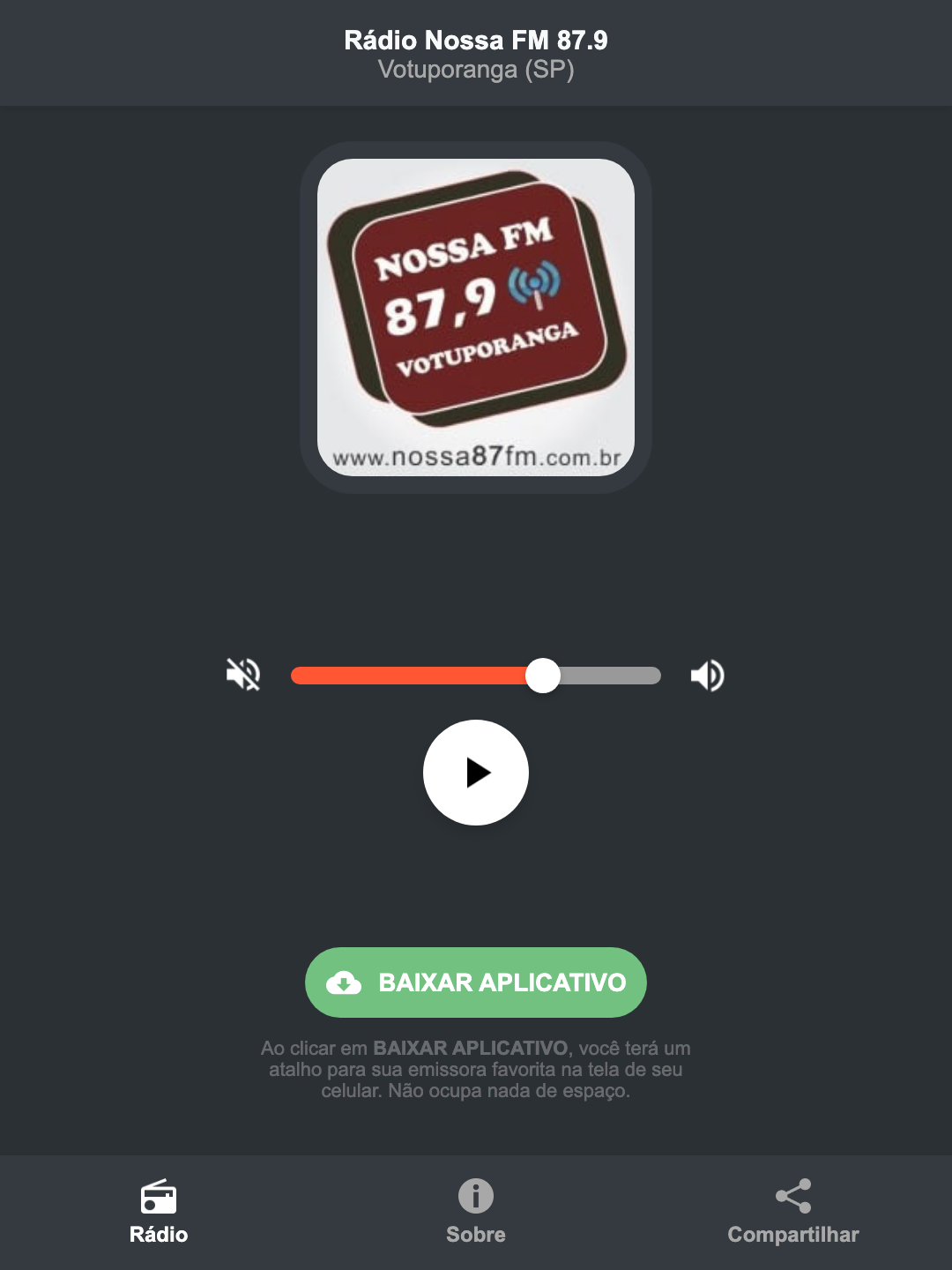 Screenshot do aplicativo da Rádio Nossa FM 87.9