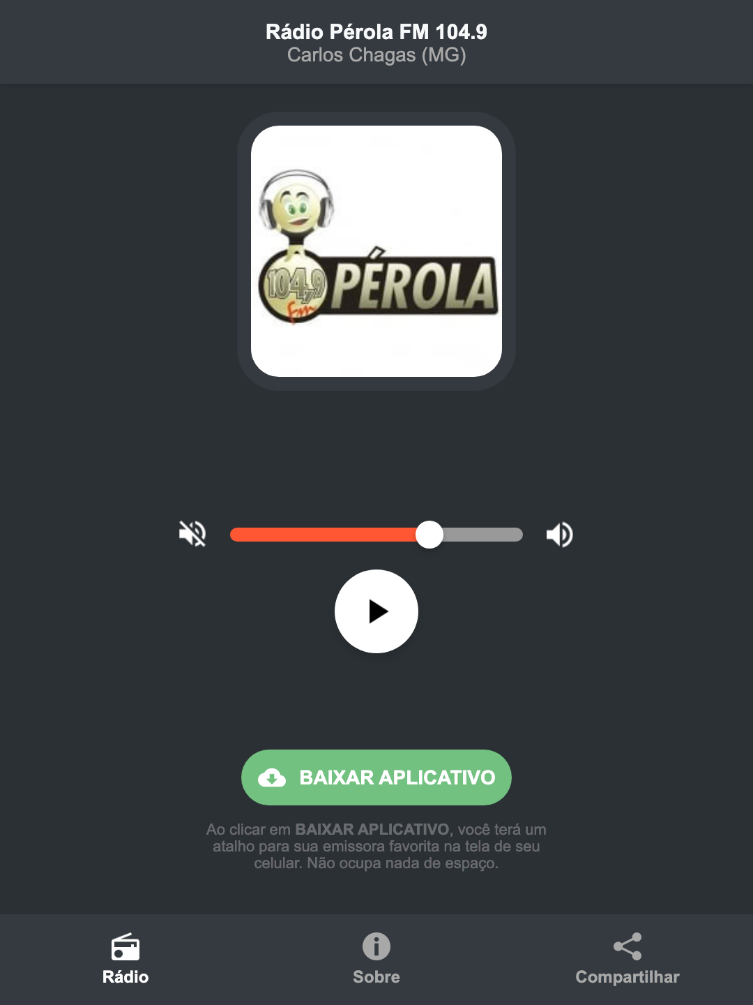 Screenshot do aplicativo da Rádio Pérola FM 104.9