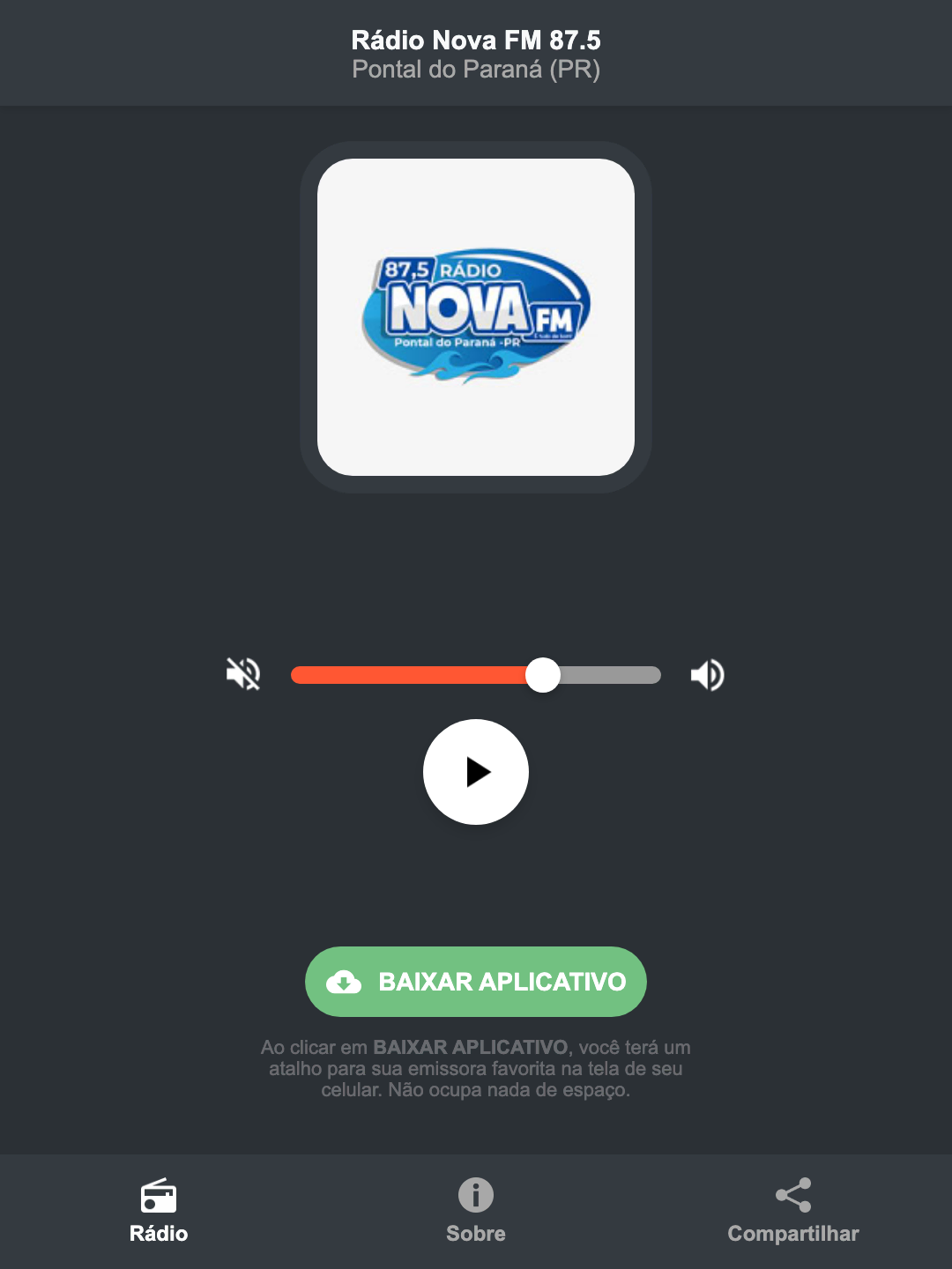 Screenshot do aplicativo da Rádio Nova FM 87.5