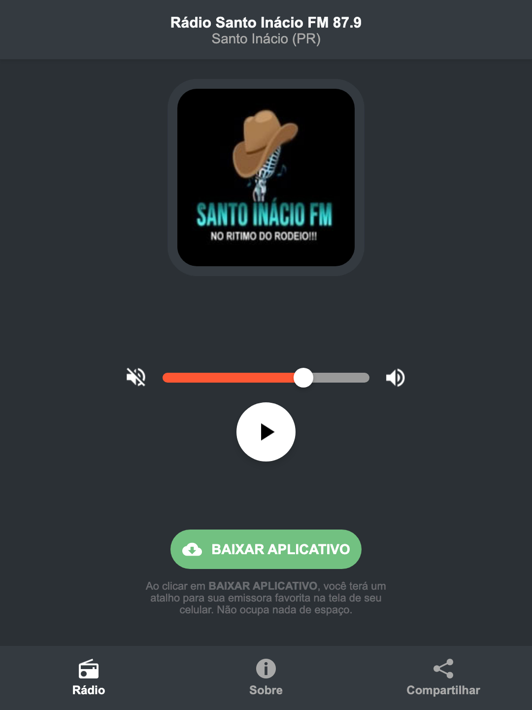 Screenshot do aplicativo da Rádio Santo Inácio FM 87.9