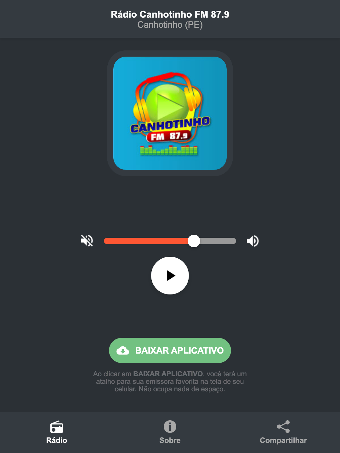 Screenshot do aplicativo da Rádio Canhotinho FM 87.9