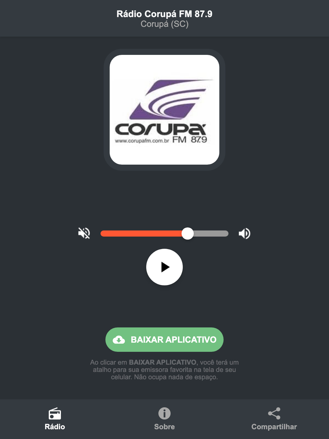 Screenshot do aplicativo da Rádio Corupá FM 87.9