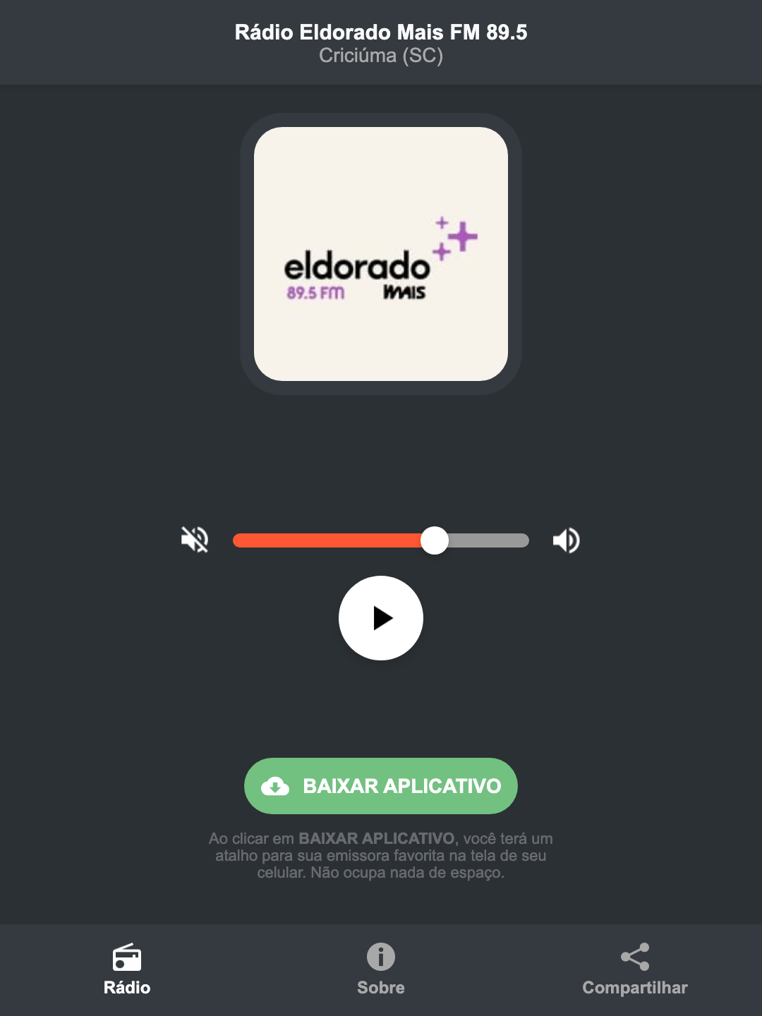 Screenshot do aplicativo da Rádio Eldorado Mais FM 89.5
