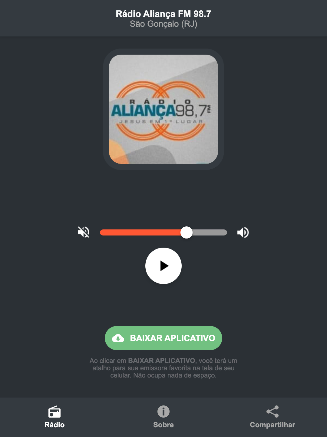 Screenshot do aplicativo da Rádio Aliança FM 98.7