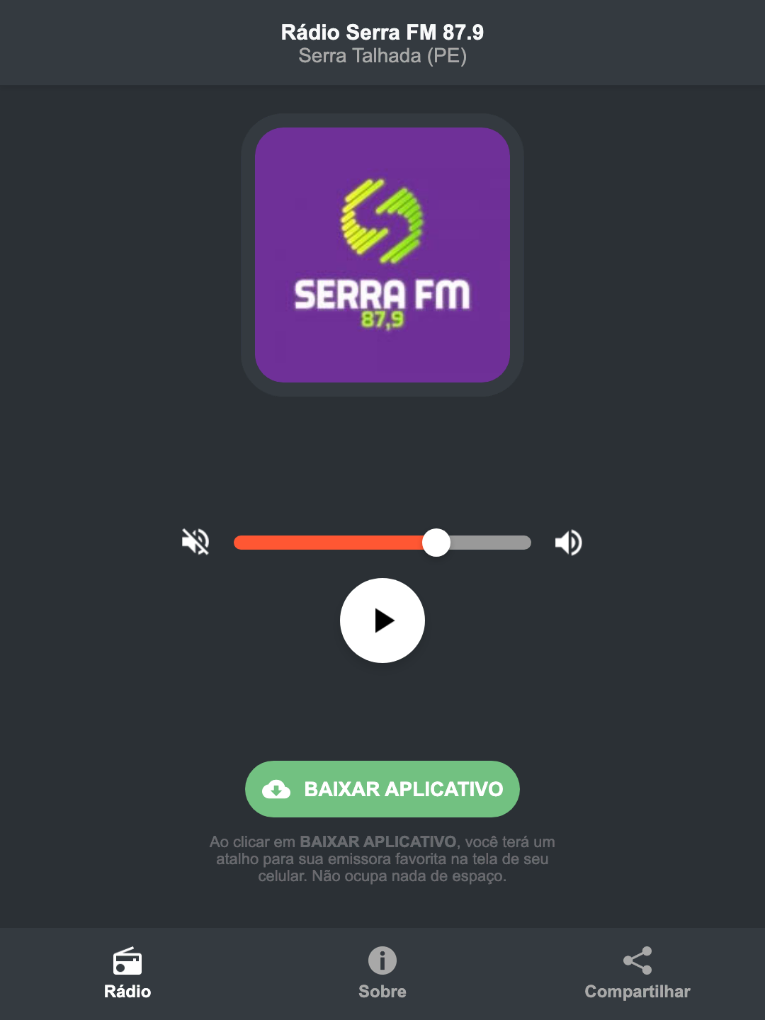 Screenshot do aplicativo da Rádio Serra FM 87.9