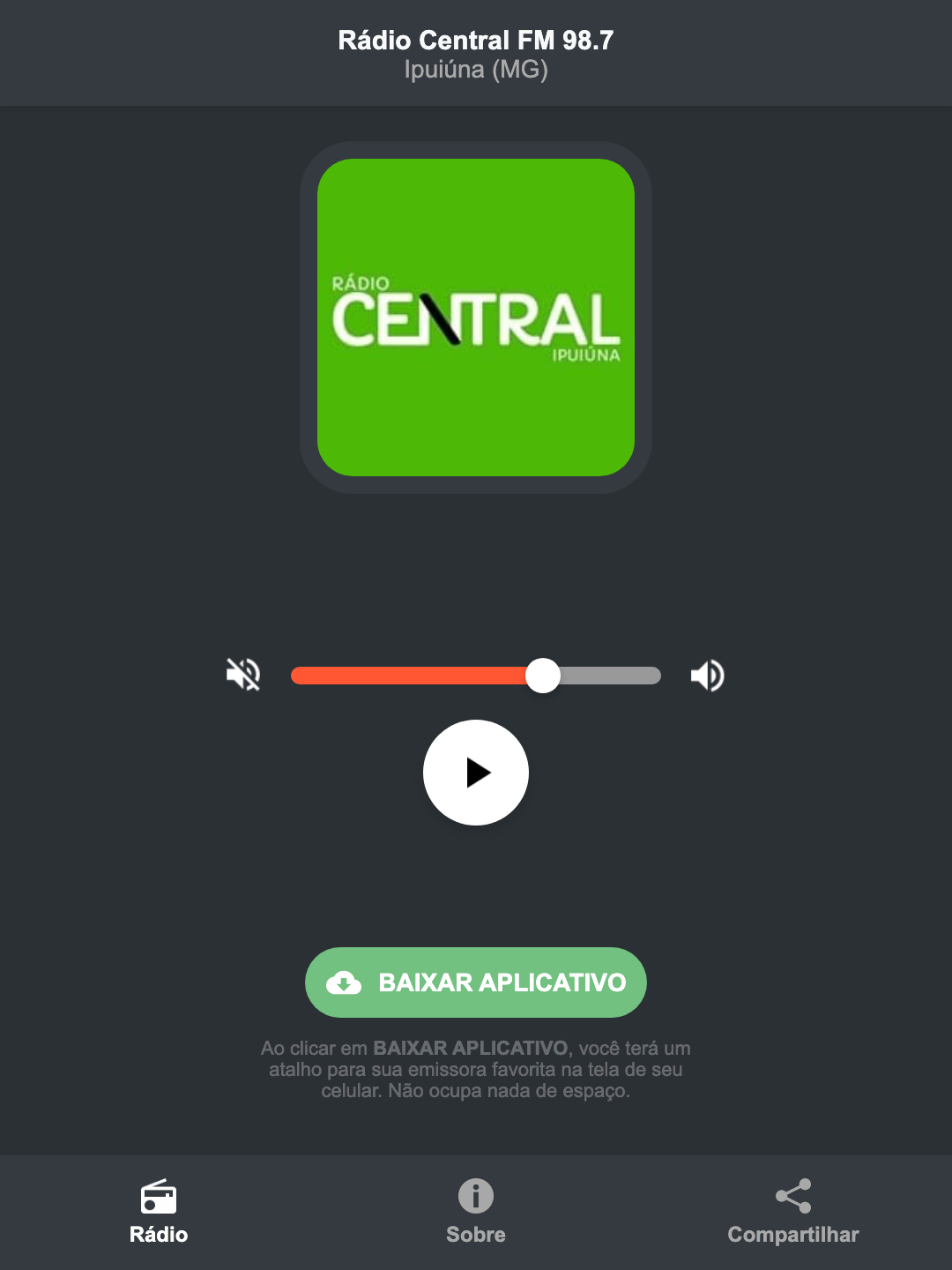 Screenshot do aplicativo da Rádio Central FM 98.7