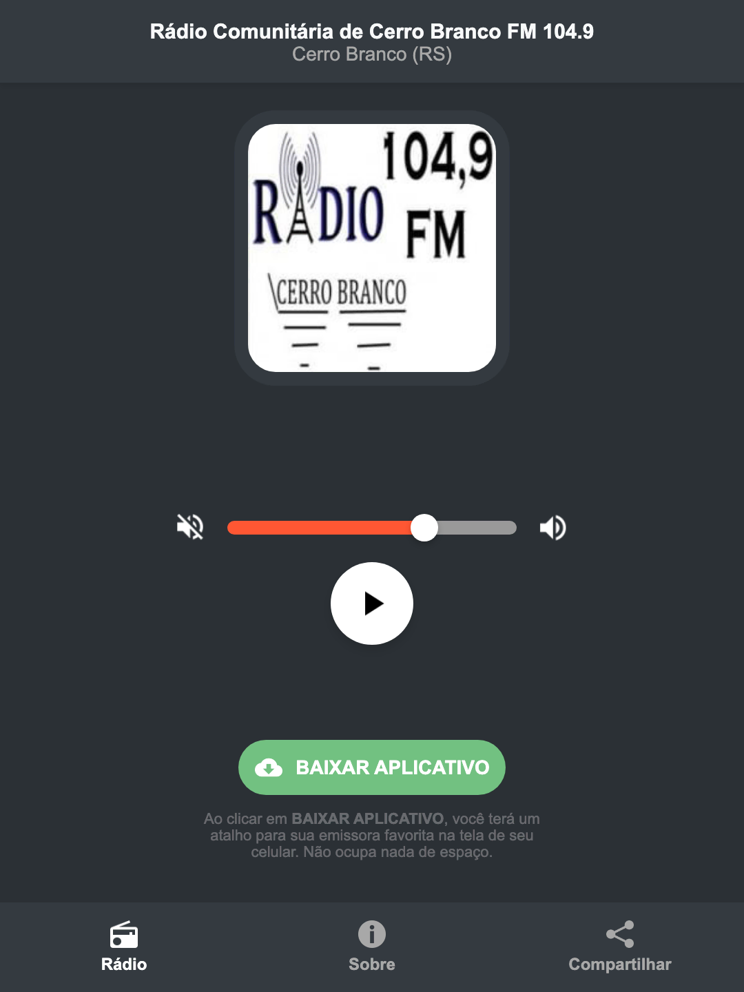 Screenshot do aplicativo da Rádio Comunitária de Cerro Branco FM 104.9