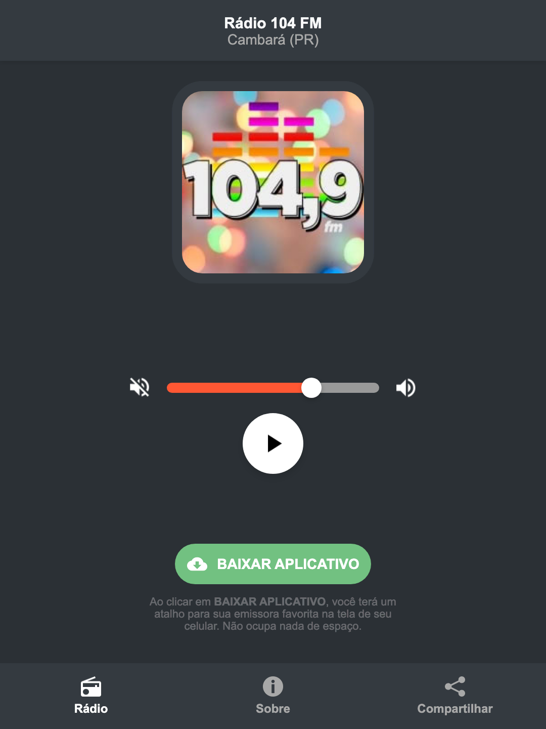 Screenshot do aplicativo da Rádio 104 FM
