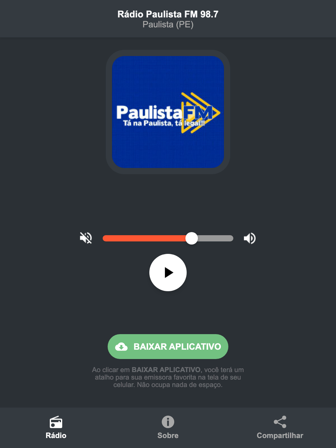 Screenshot do aplicativo da Rádio Paulista FM 98.7