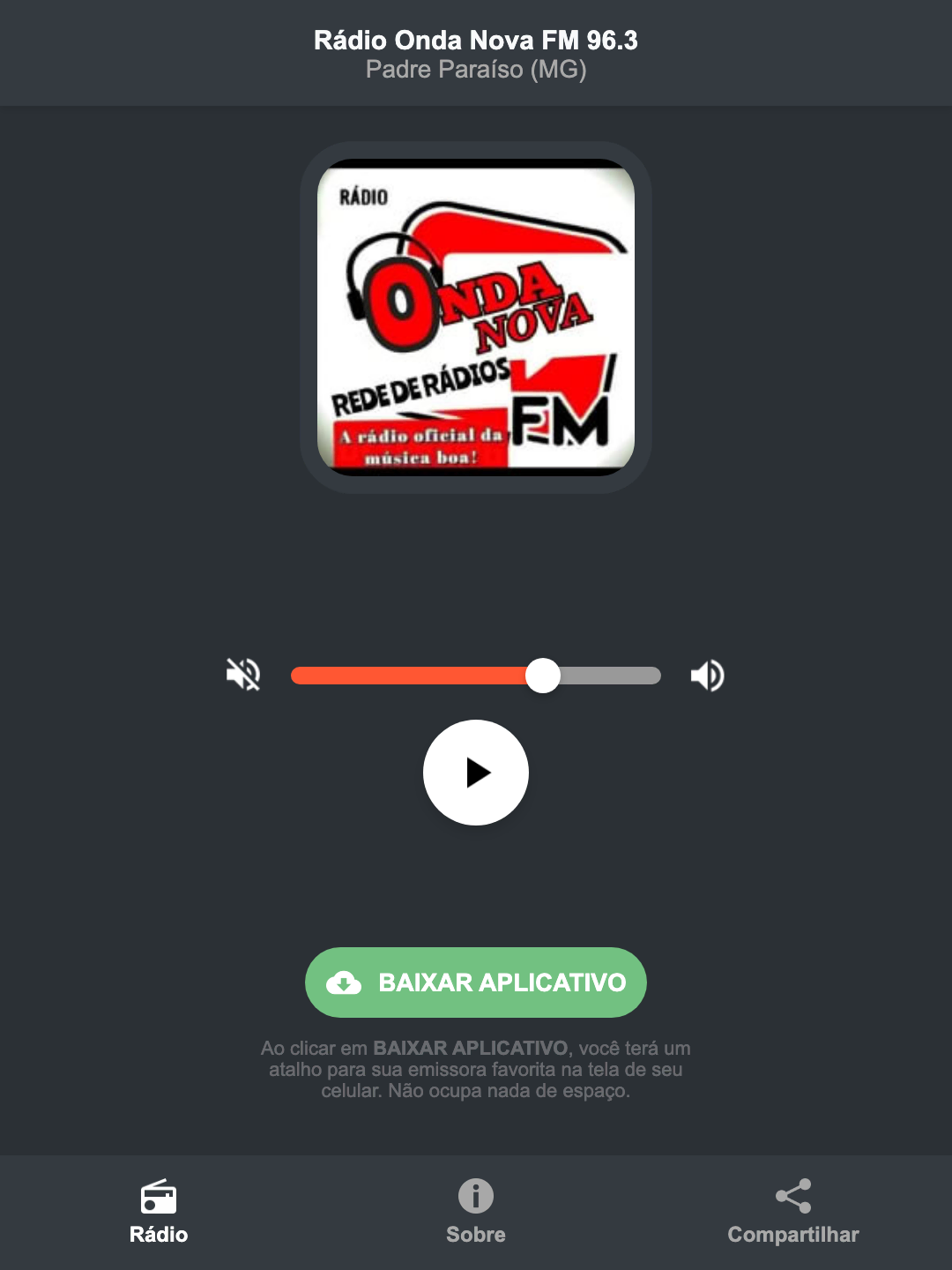 Screenshot do aplicativo da Rádio Onda Nova FM 96.3