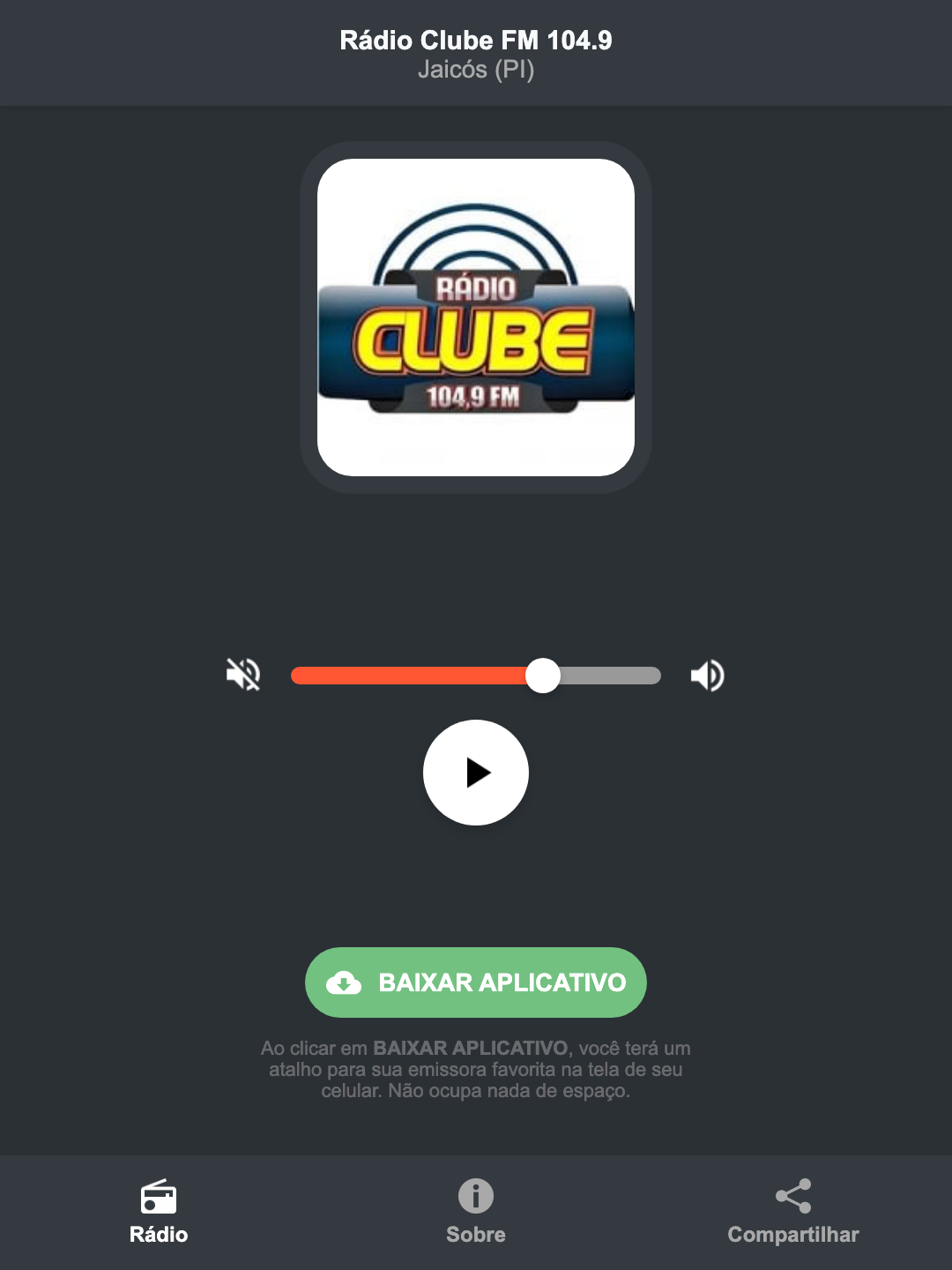 Screenshot do aplicativo da Rádio Clube FM 104.9