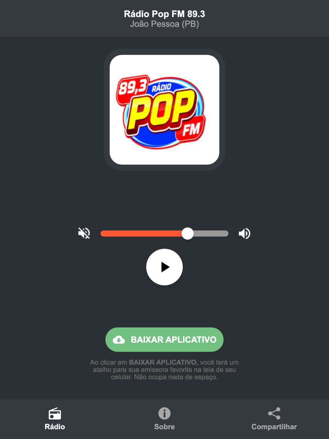Screenshot do aplicativo da Rádio Pop FM 89.3