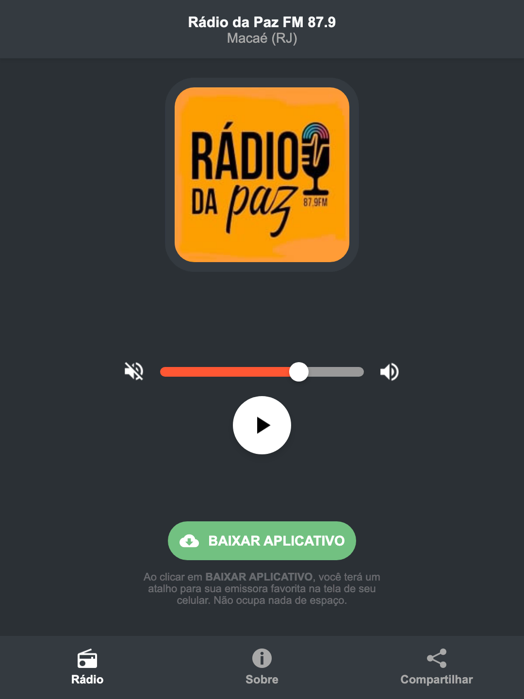 Screenshot do aplicativo da Rádio da Paz FM 87.9