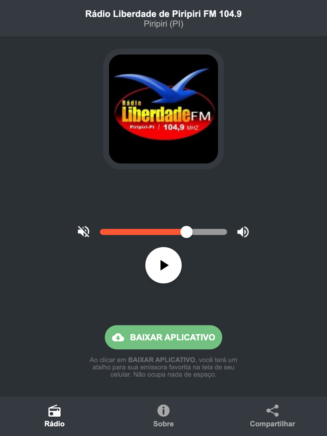 Screenshot do aplicativo da Rádio Liberdade de Piripiri FM 104.9