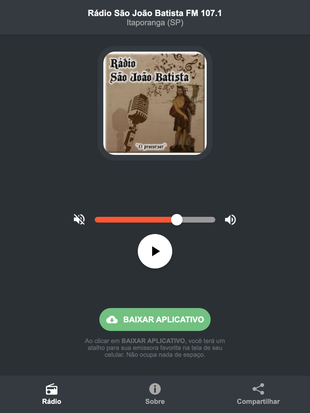 Screenshot do aplicativo da Rádio São João Batista FM 107.1