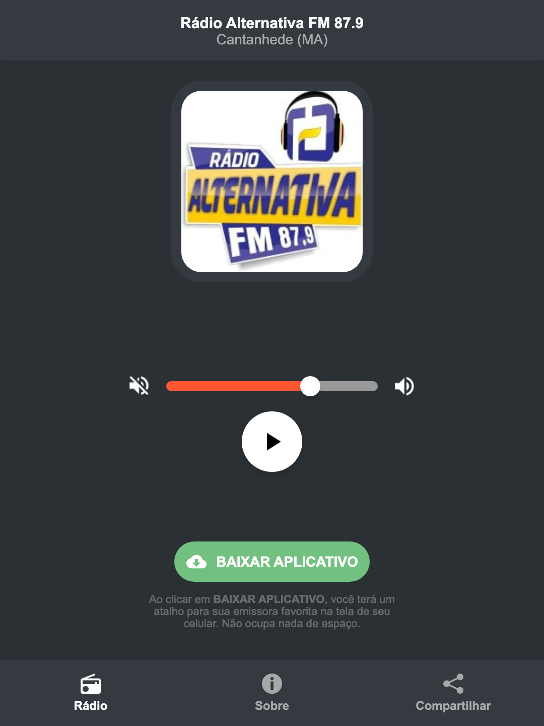 Screenshot do aplicativo da Rádio Alternativa FM 87.9