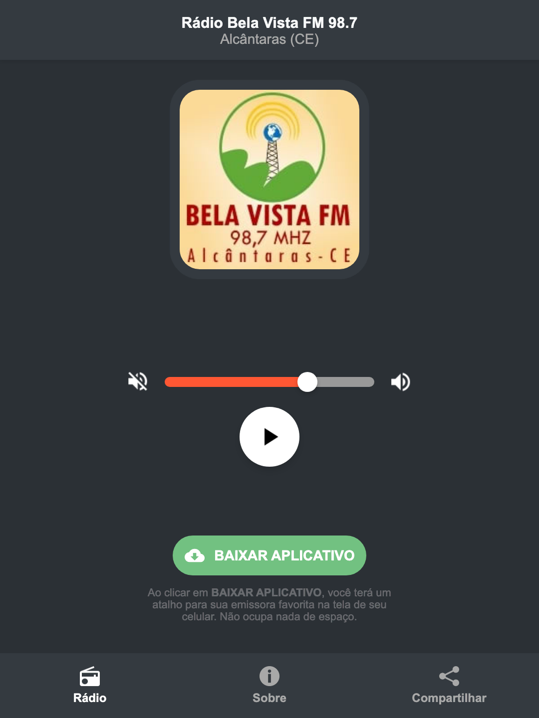 Screenshot do aplicativo da Rádio Bela Vista FM 98.7