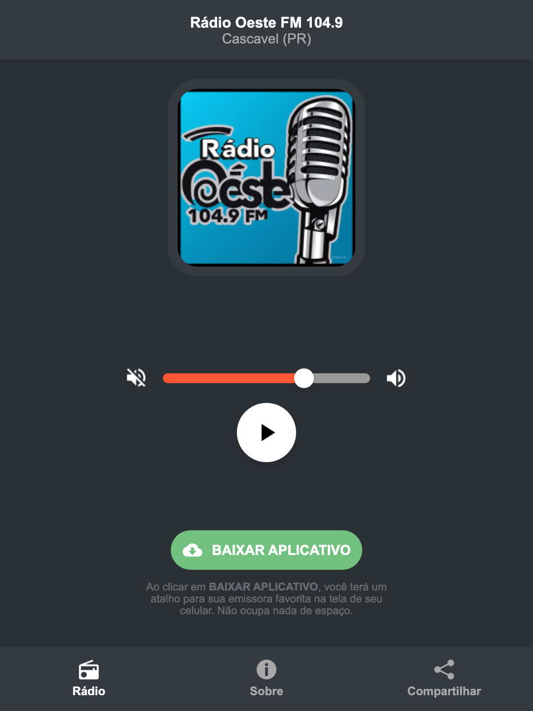 Screenshot do aplicativo da Rádio Oeste FM 104.9