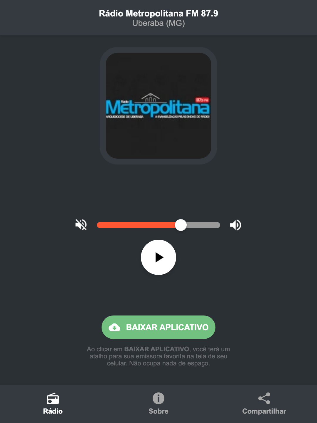 Screenshot do aplicativo da Rádio Metropolitana FM 87.9