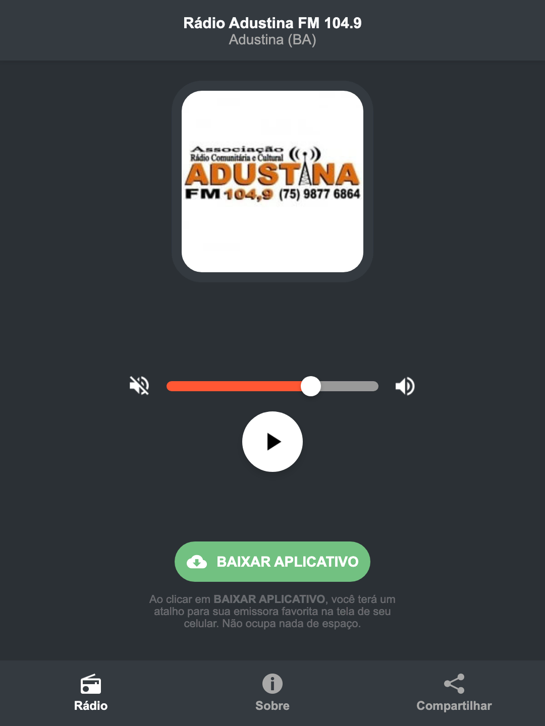 Screenshot do aplicativo da Rádio Adustina FM 104.9
