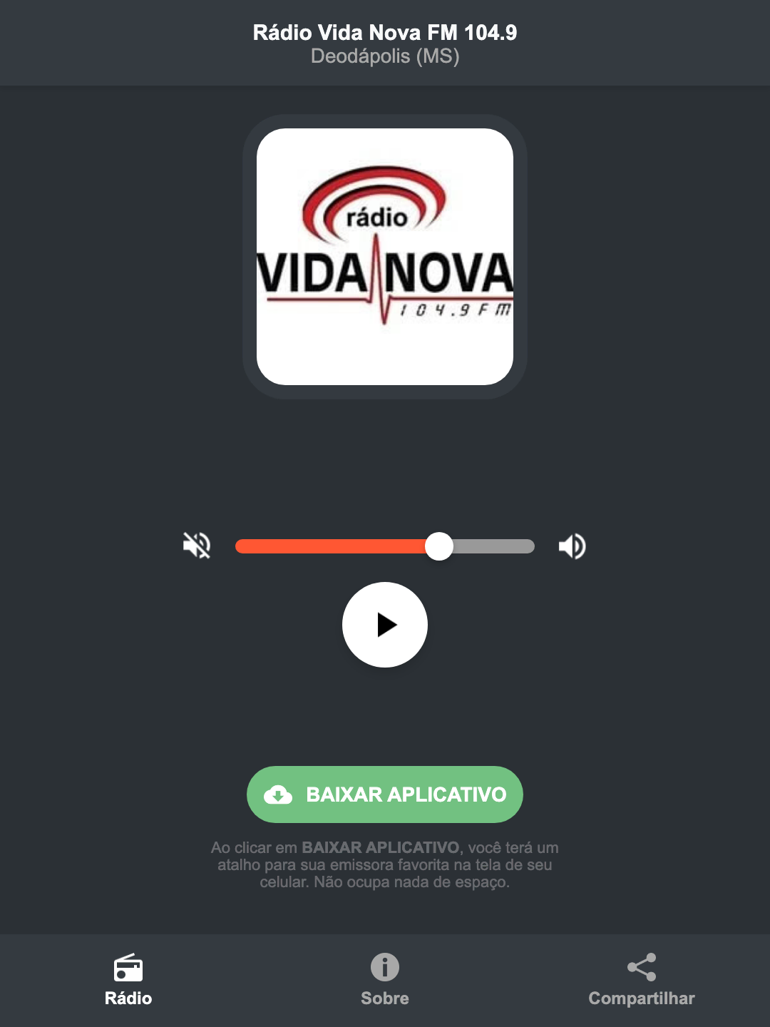 Screenshot do aplicativo da Rádio Vida Nova FM 104.9