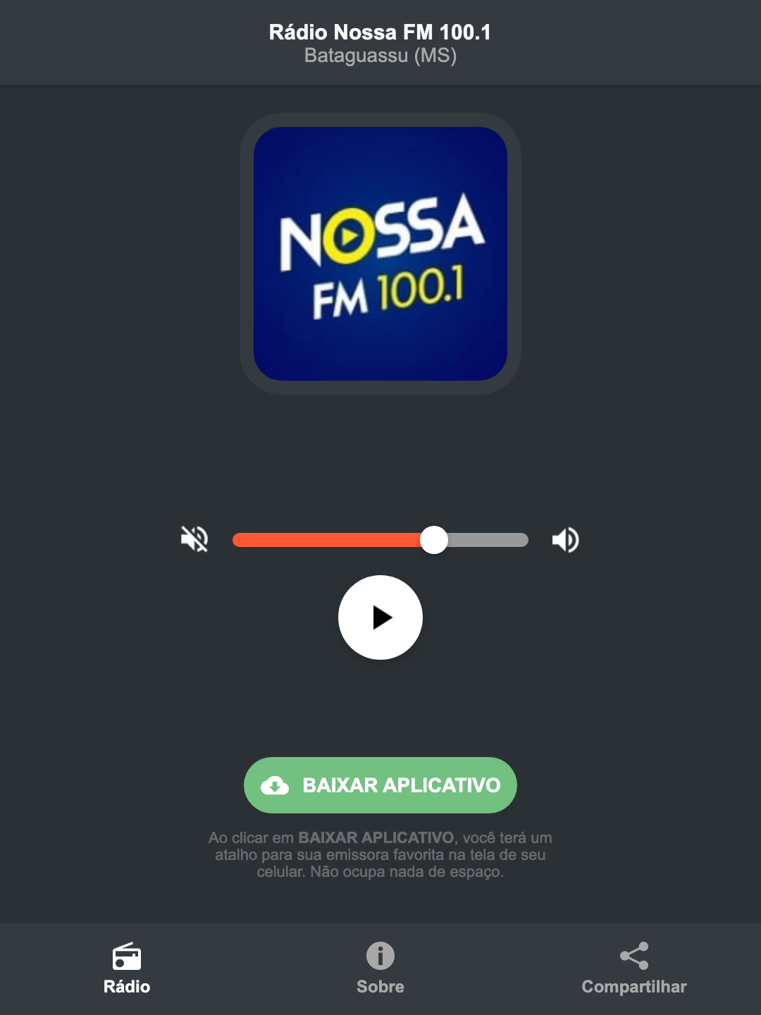 Screenshot do aplicativo da Rádio Nossa FM 100.1