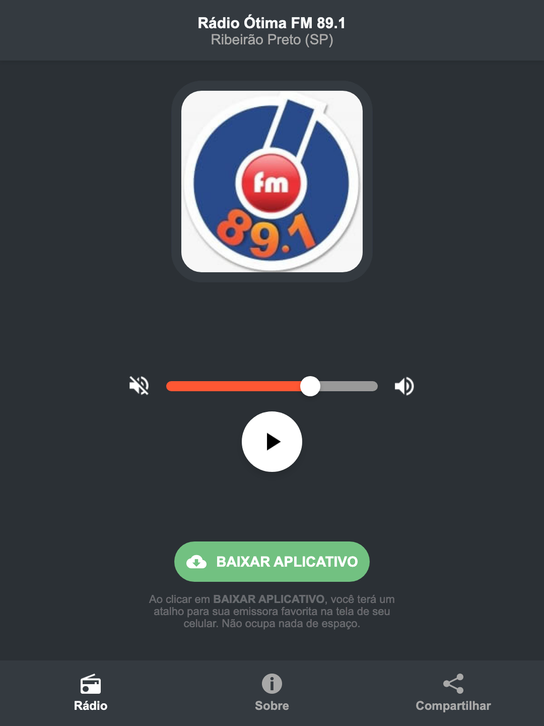 Screenshot do aplicativo da Rádio Ótima FM 89.1