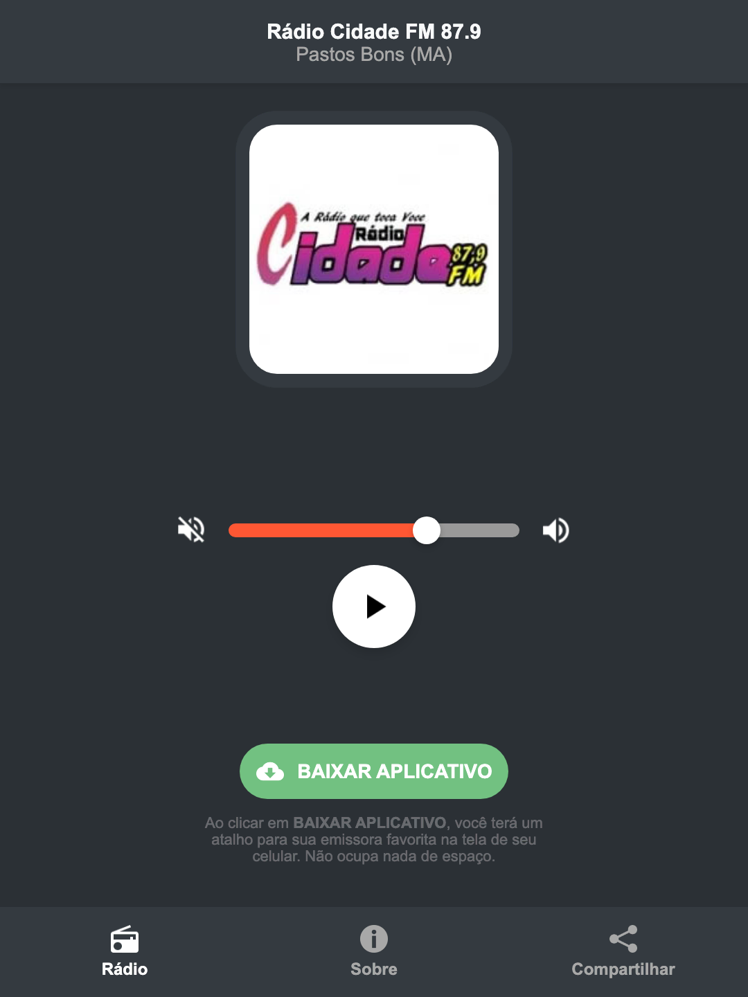 Screenshot do aplicativo da Rádio Cidade FM 87.9