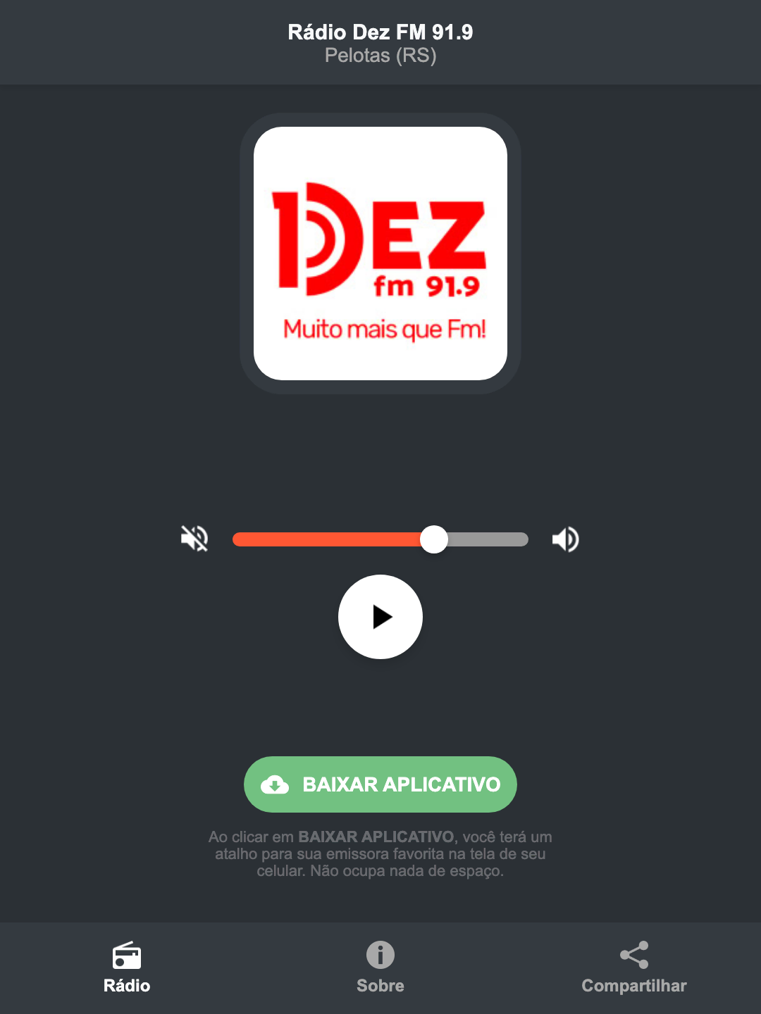 Screenshot do aplicativo da Rádio Dez FM 91.9