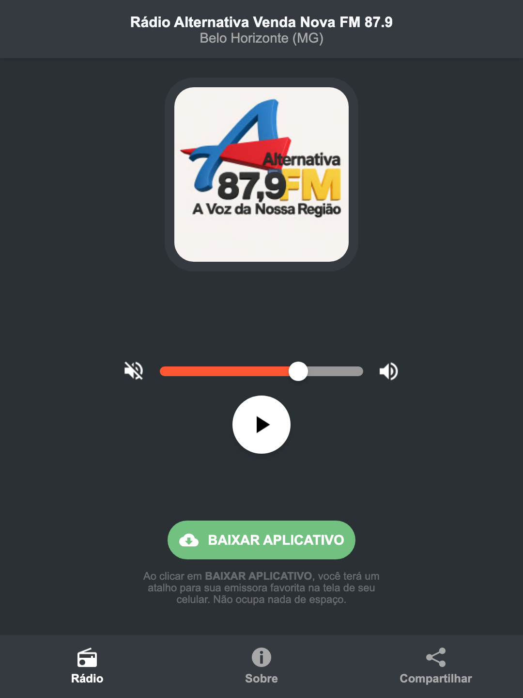 Screenshot do aplicativo da Rádio Alternativa Venda Nova FM 87.9
