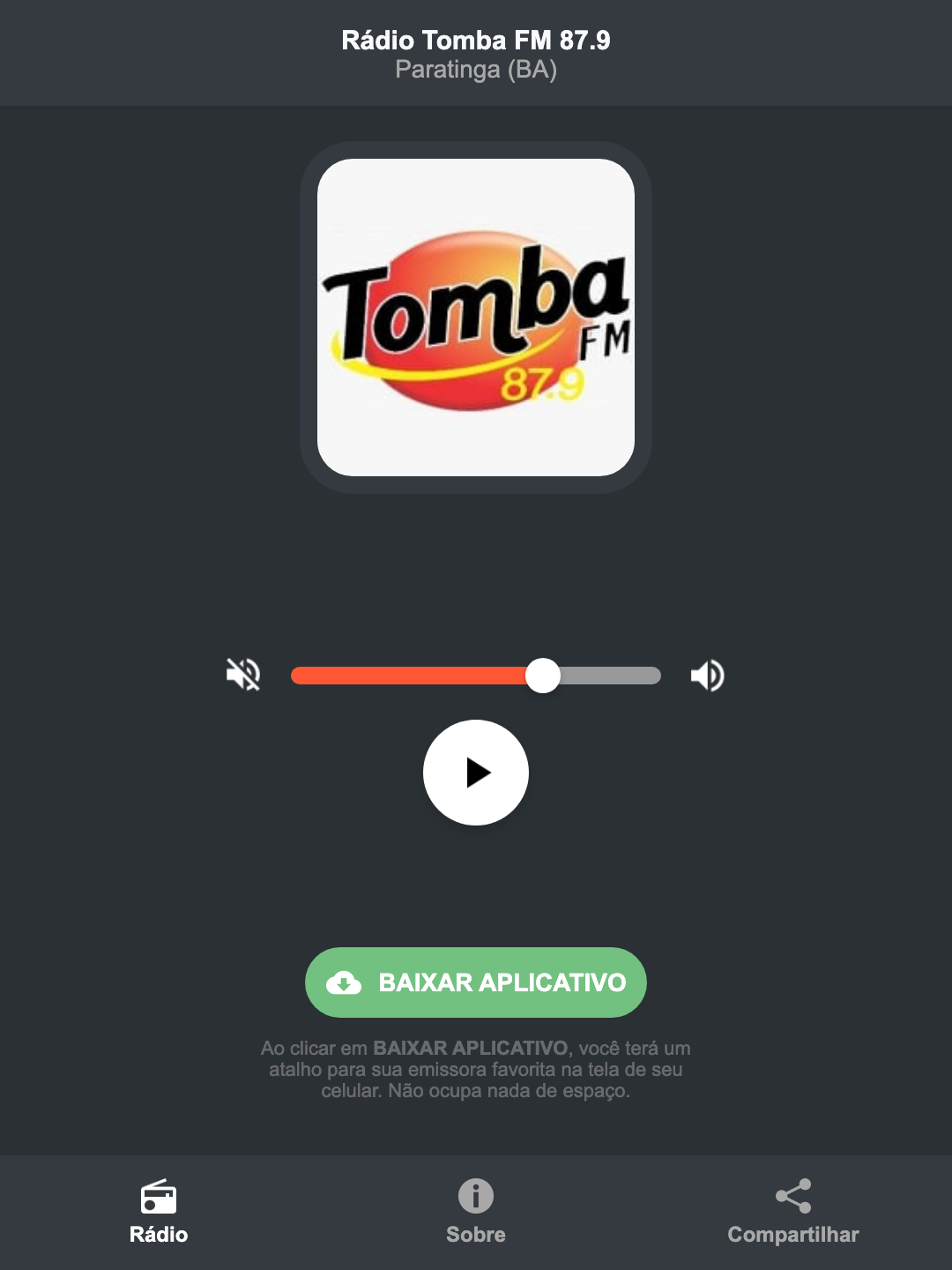 Screenshot do aplicativo da Rádio Tomba FM 87.9