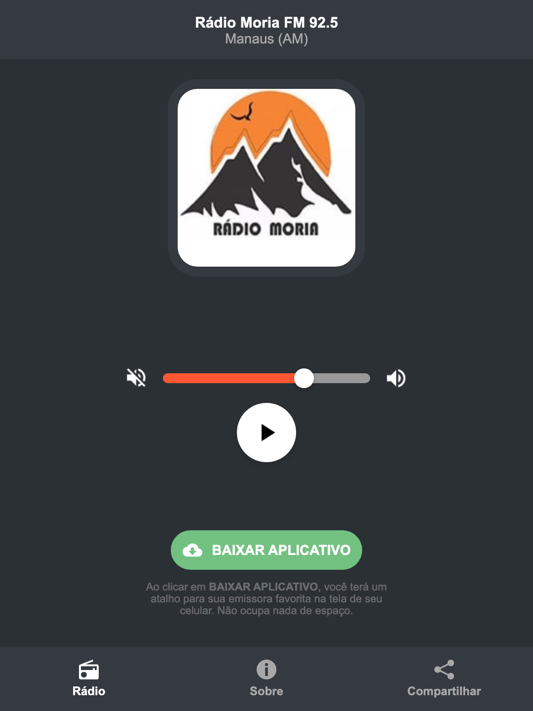 Screenshot do aplicativo da Rádio Moria FM 92.5