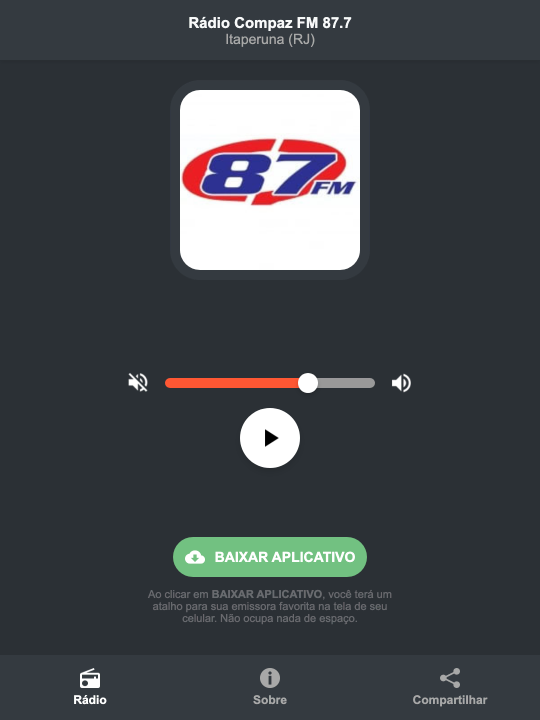 Screenshot do aplicativo da Rádio Compaz FM 87.7