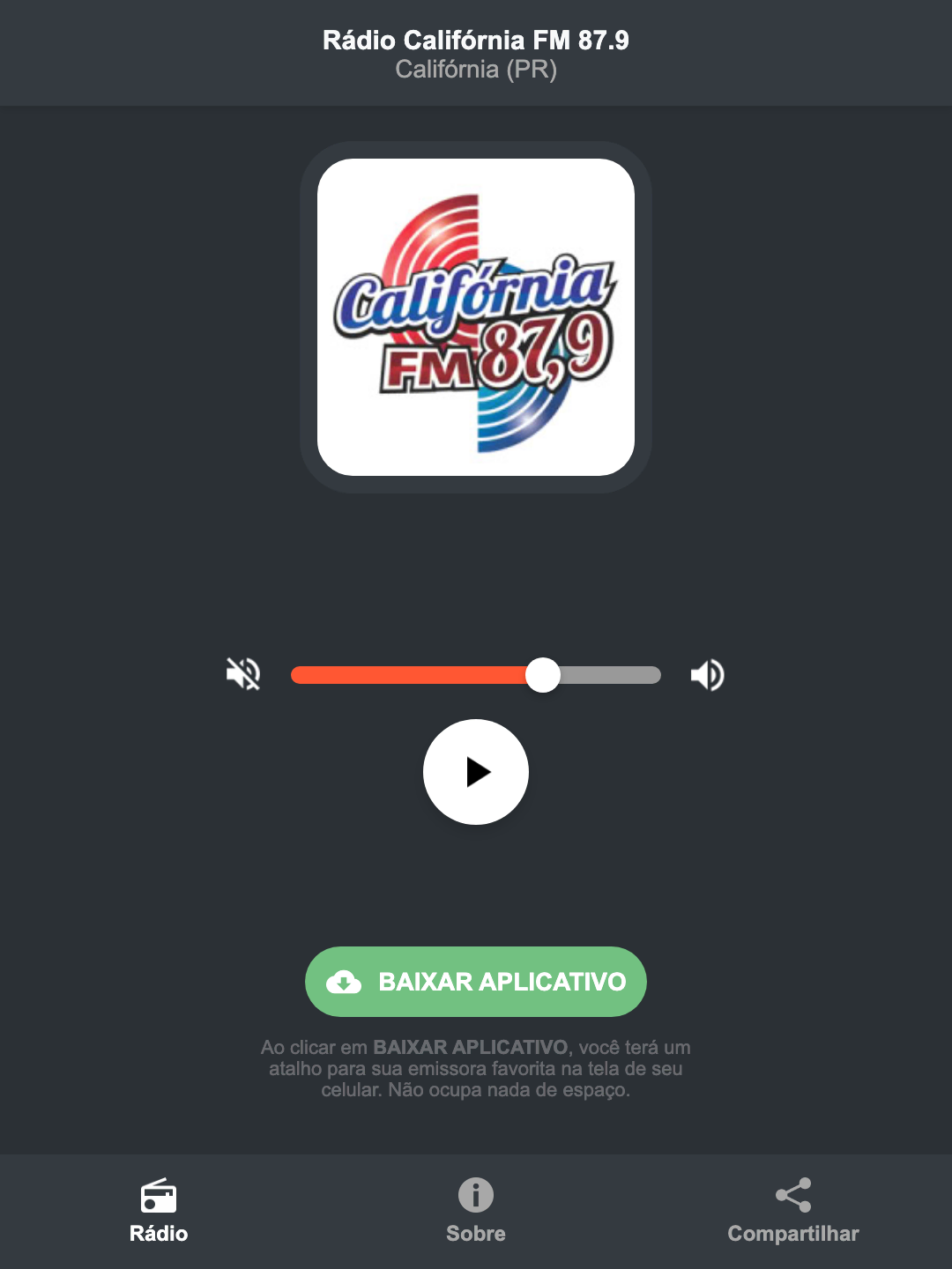 Screenshot do aplicativo da Rádio Califórnia FM 87.9