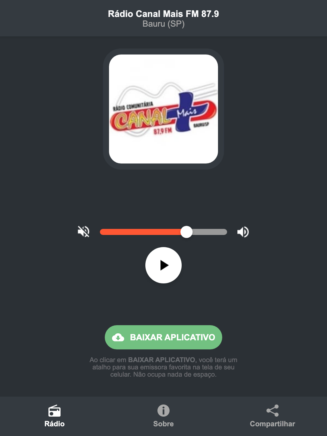 Screenshot do aplicativo da Rádio Canal Mais FM 87.9