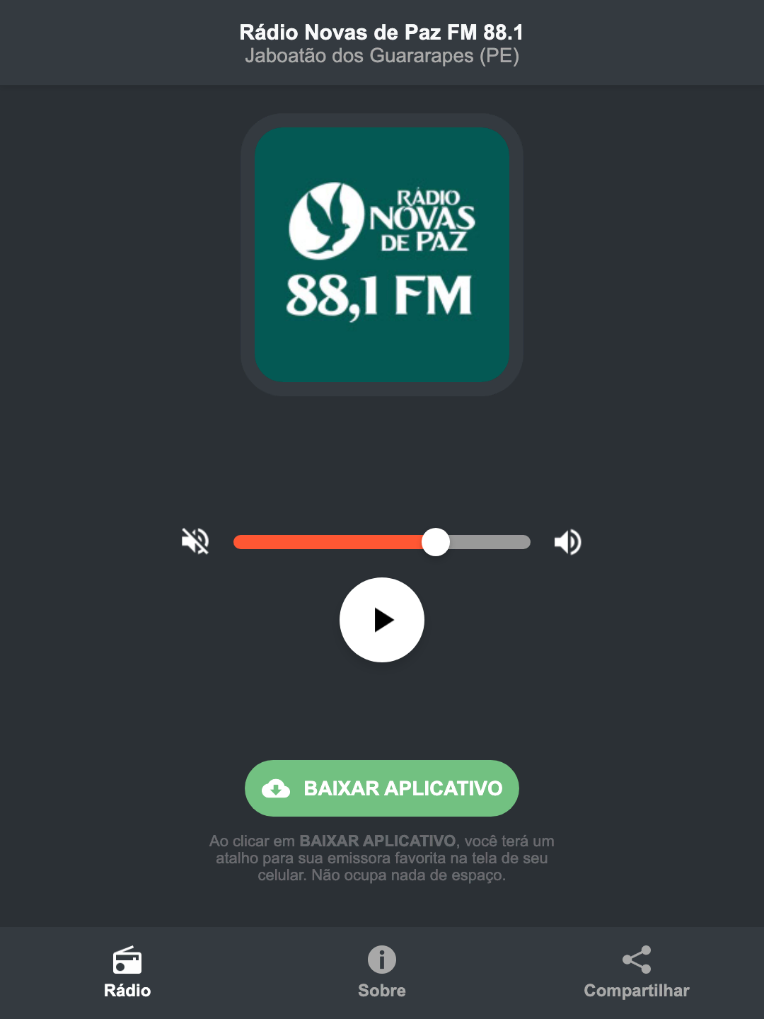 Screenshot do aplicativo da Rádio Novas de Paz FM 88.1