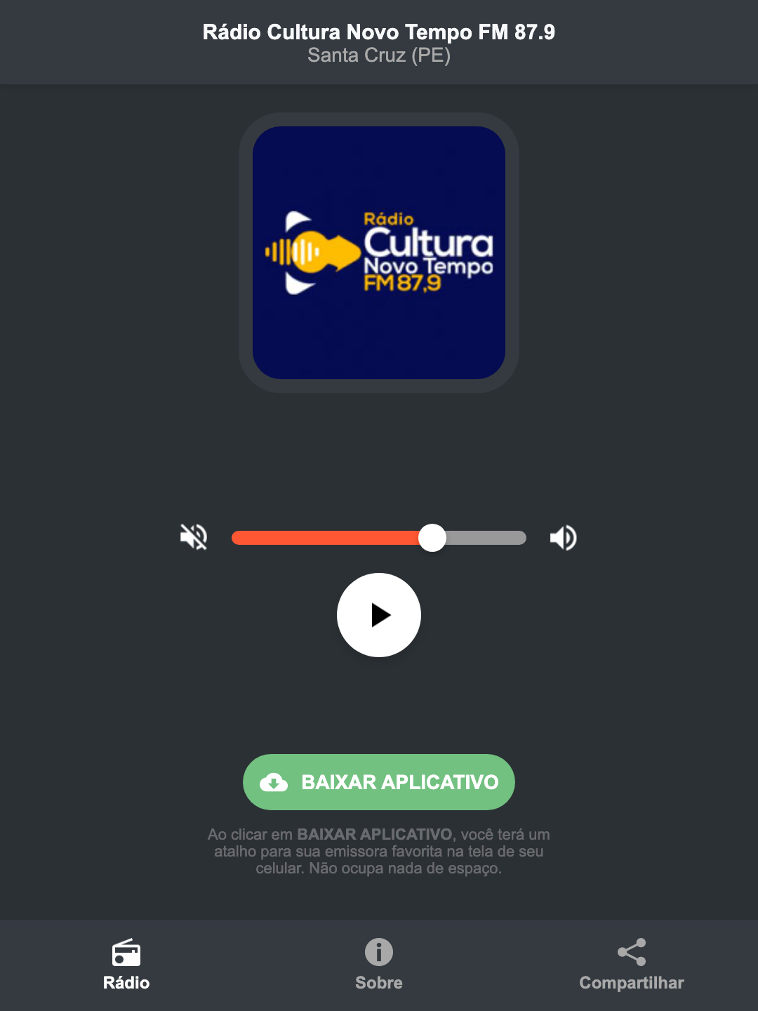 Screenshot do aplicativo da Rádio Cultura Novo Tempo FM 87.9