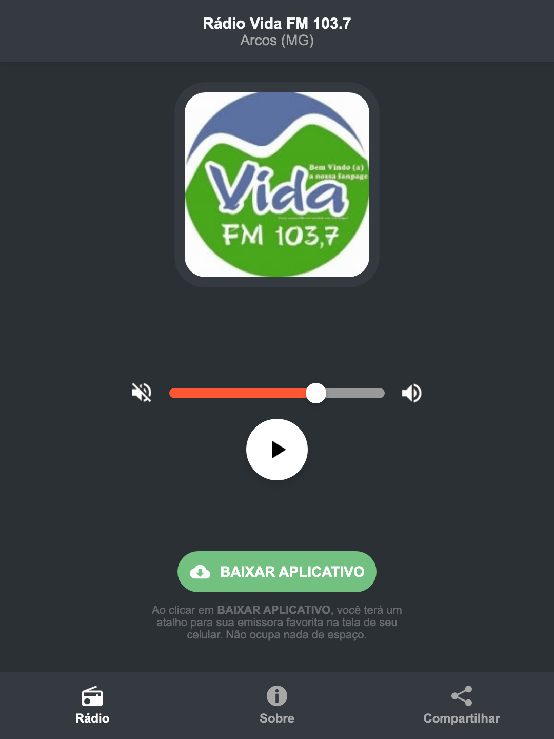 Screenshot do aplicativo da Rádio Vida FM 103.7