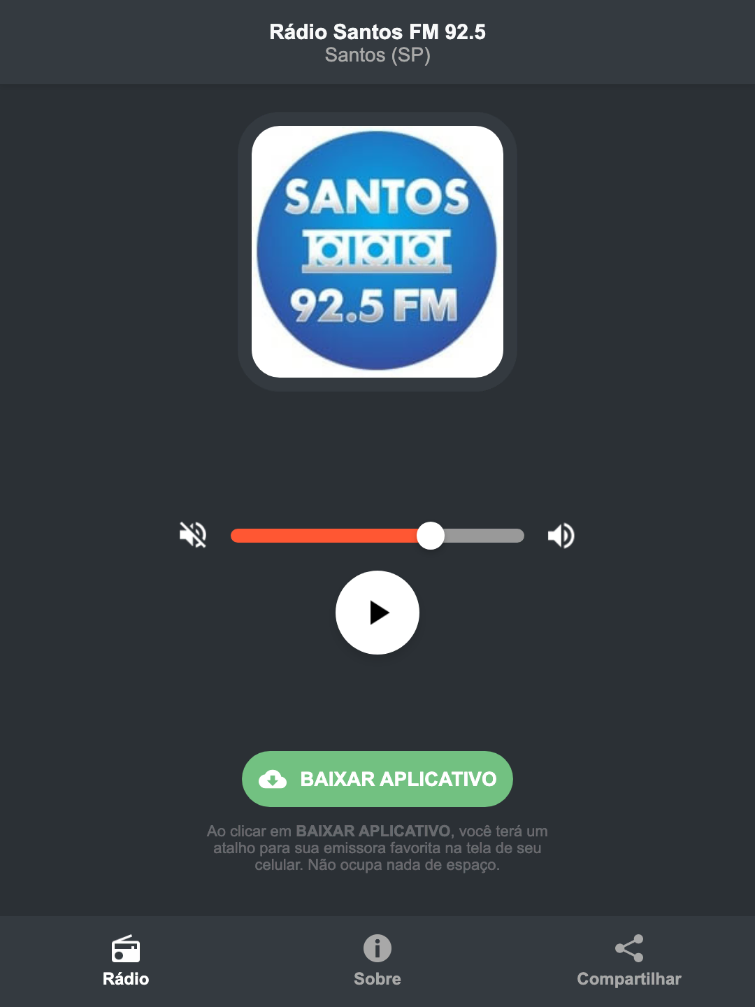 Screenshot do aplicativo da Rádio Santos FM 92.5