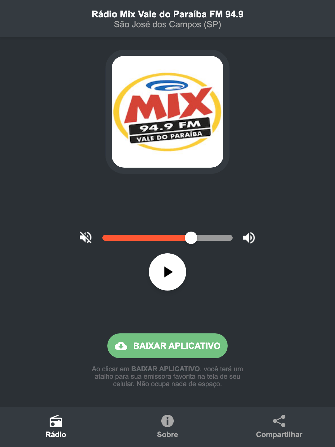 Screenshot do aplicativo da Rádio Mix Vale do Paraíba FM 94.9