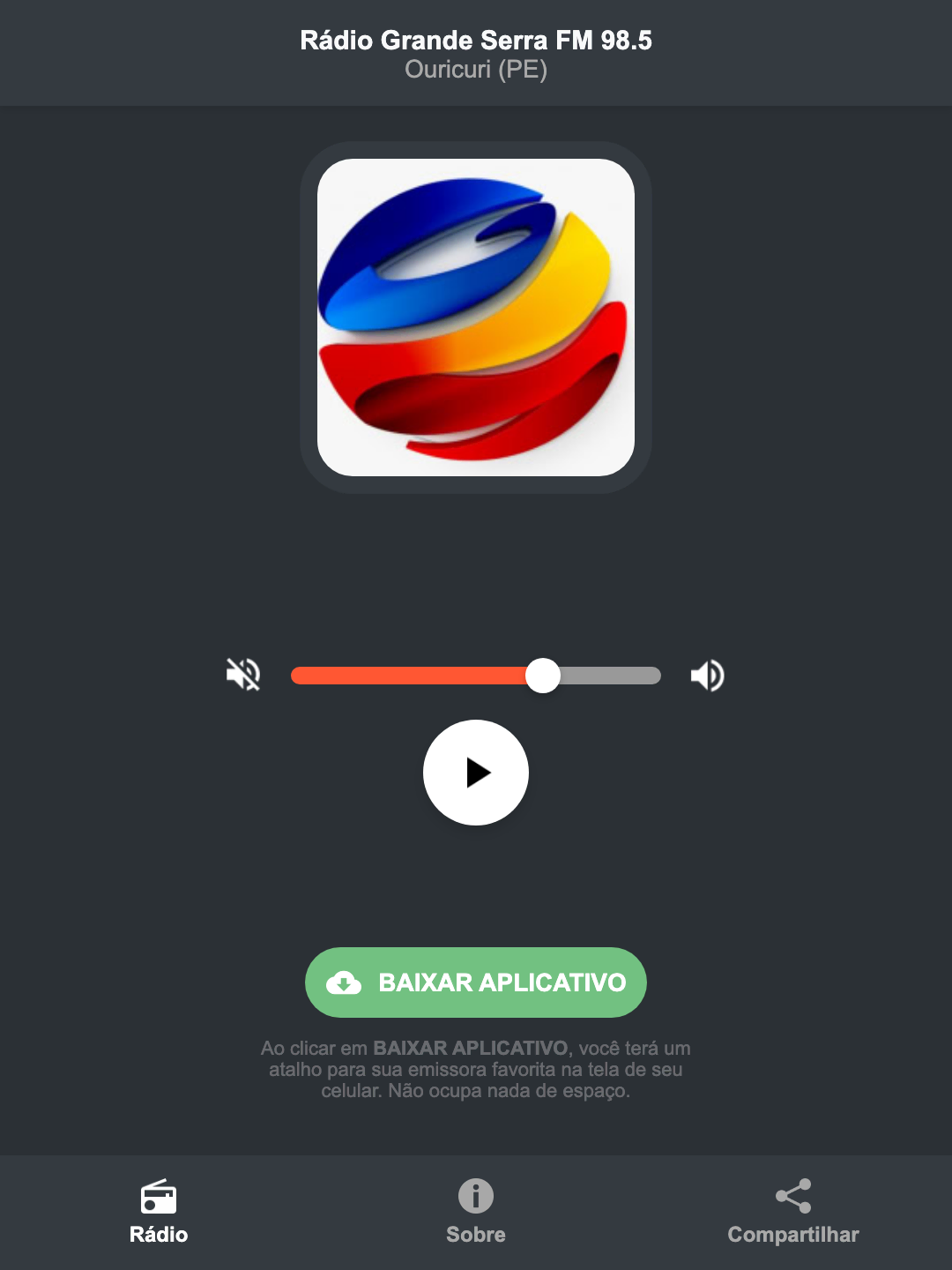 Screenshot do aplicativo da Rádio Grande Serra FM 98.5