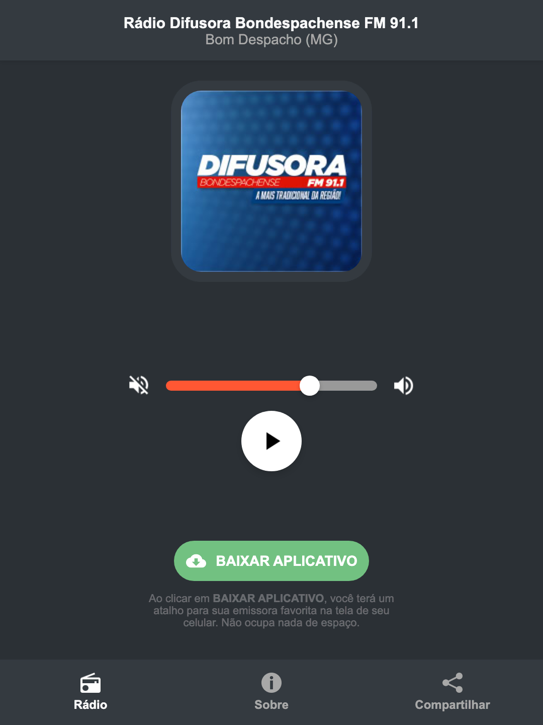 Screenshot do aplicativo da Rádio Difusora Bondespachense FM 91.1