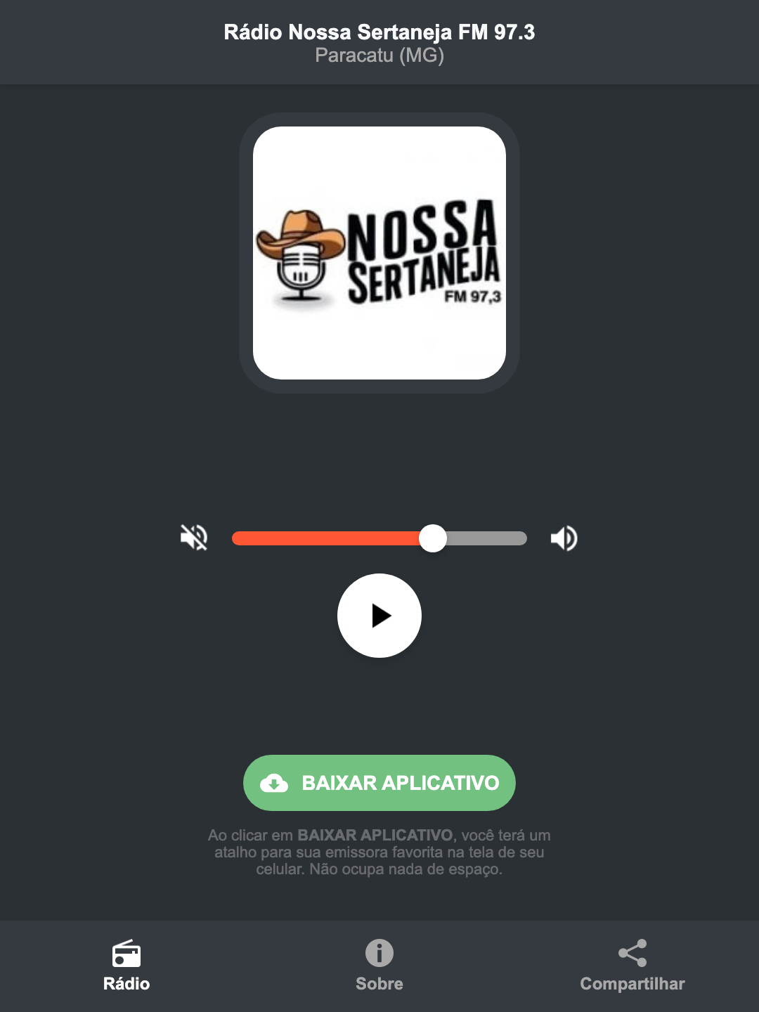 Screenshot do aplicativo da Rádio Nossa Sertaneja FM 97.3