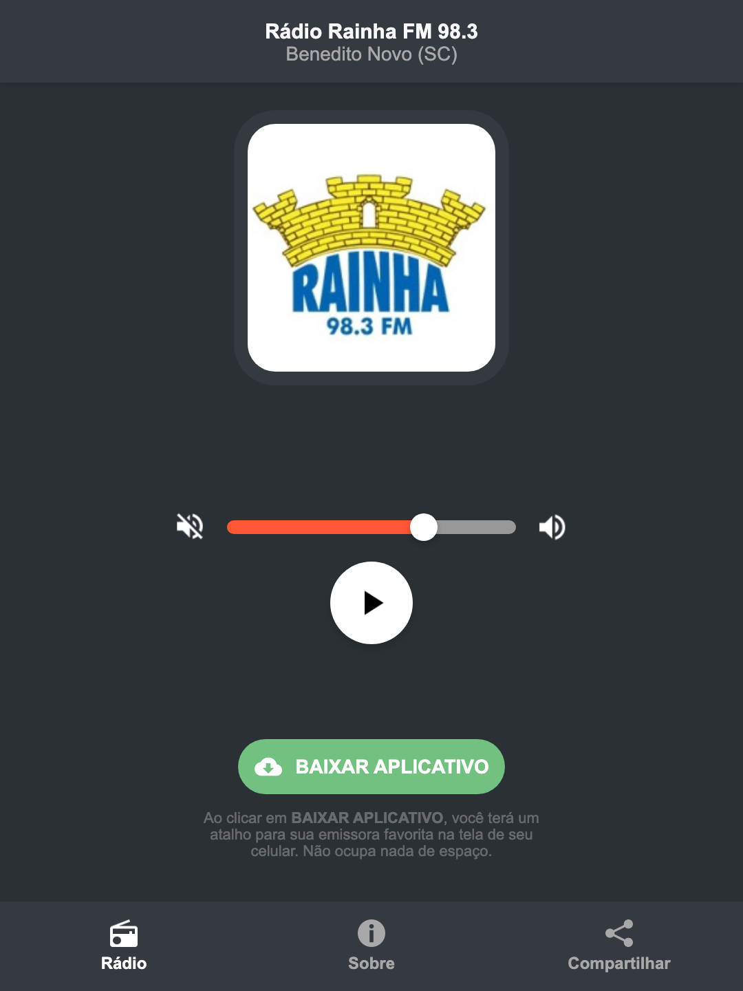 Screenshot do aplicativo da Rádio Rainha FM 98.3