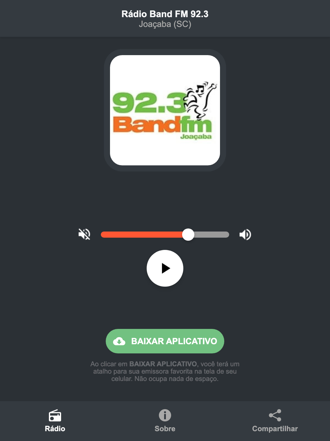 Screenshot do aplicativo da Rádio Band FM 92.3