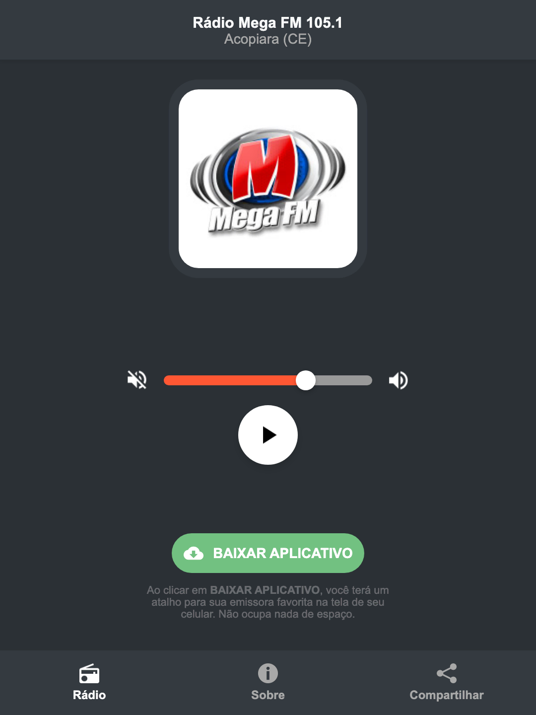 Screenshot do aplicativo da Rádio Mega FM 105.1